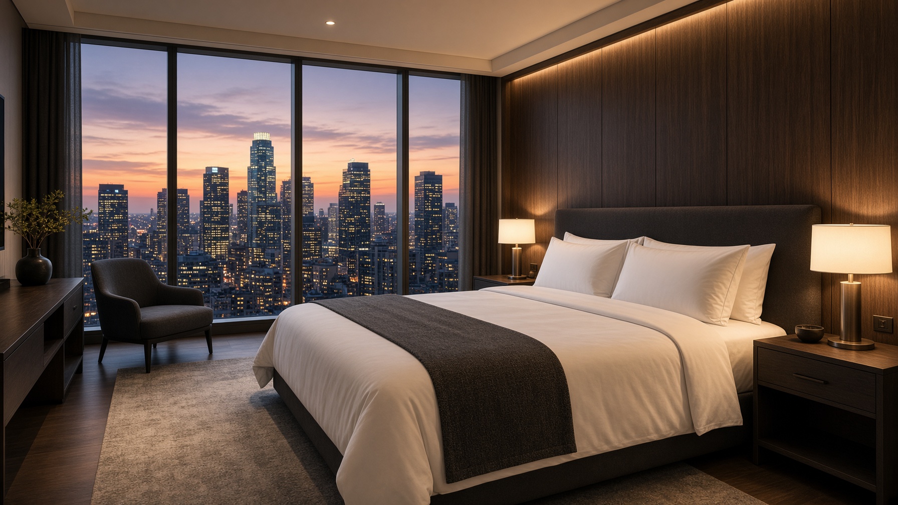 A hotel room looking out on a city at dusk